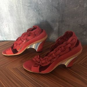 *NIB* J Shoes Red Leather Sandal w/ Striped Heel
